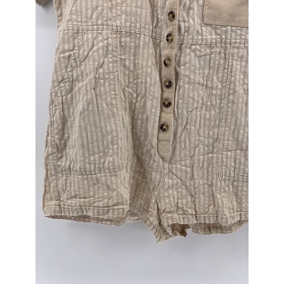 BDG Women’s Beige Seersucker Striped Button-Up Short Sleeve Relaxed Romper SZ M - Picture 6 of 10